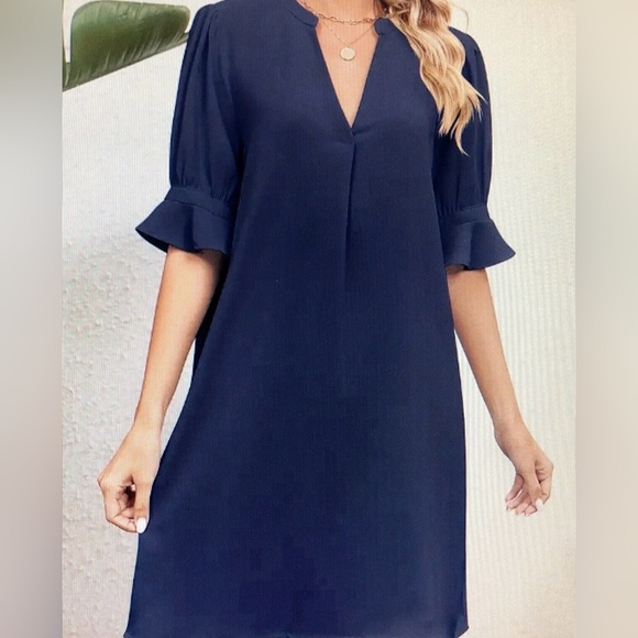 None Dresses & Skirts - Women’s Large Navy Blue Sheath Dress – V-Neck Ruffle Sleeve Versatile Classic